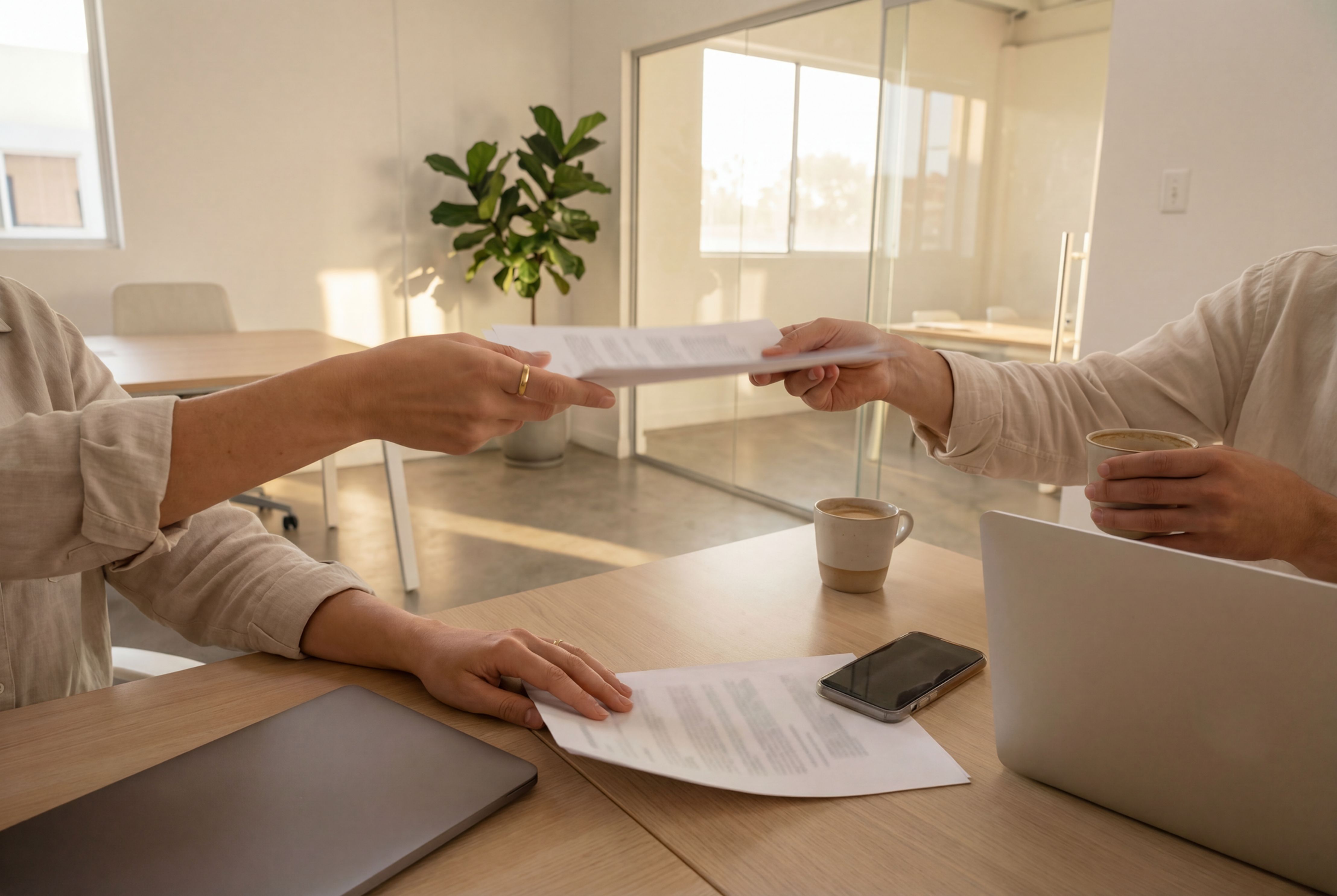 One person handing a set of papers to another across a sunlit office table
